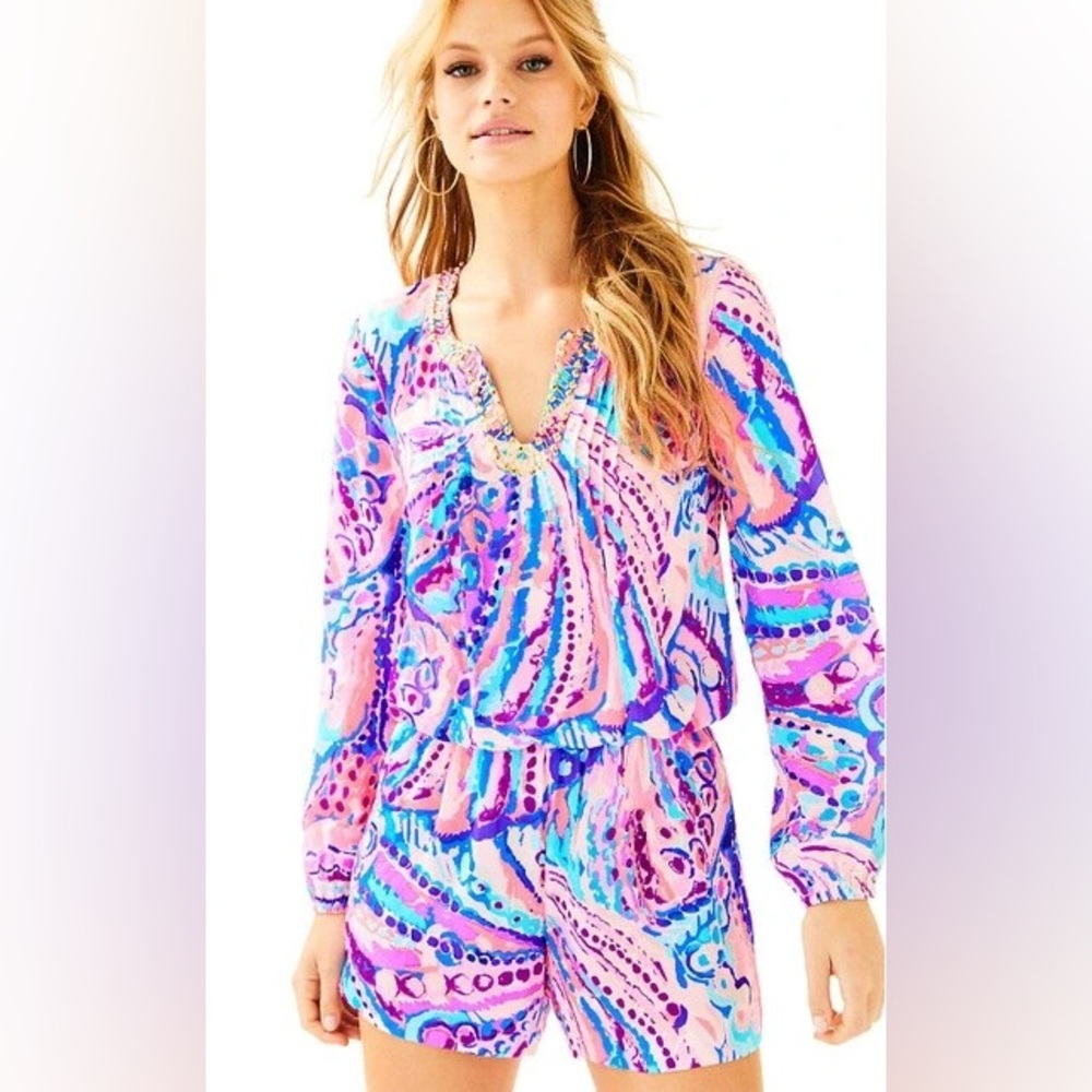 EUC size M Lilly Pulitzer Colby romper in coral shell out print